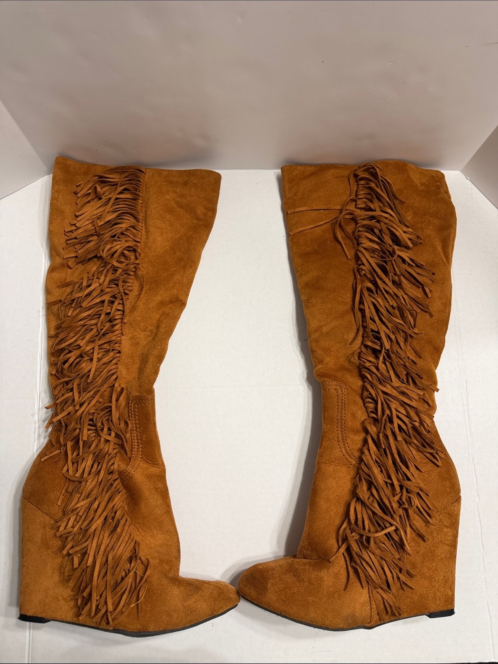 Charlotte Russe Cognac Fringe Over-the-Knee Wedge Boots